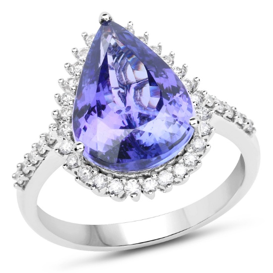 *14 kt. White Gold, 5.17CT Pear Cut Tanzanite And Diamond Ring