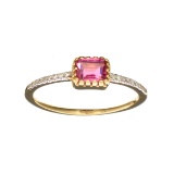 14KT Gold, 0.58CT Rectangular Cut Pink Tourmaline and 0.05CT Round Brilliant Cut Diamond Ring