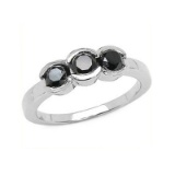 *Fine Jewelry 1.16CT Round Cut Black Diamond And Sterling Silver With Rhodium Ring