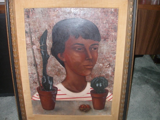Extremely Rare Pierre Henry, Child And Cactus, 1956 Oil On Fiberboard, 19 3/4 x 25 1/2