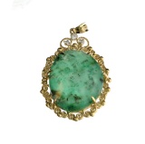 APP: 2.8k Fine Jewelry 14KT Gold, 27.35CT Green Emerald Quartz Cabochon Doublet And Diamond Pendant