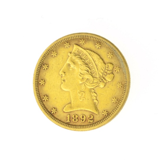 *1892-S $5.00 U.S. Liberty Head Gold Coin (JG)