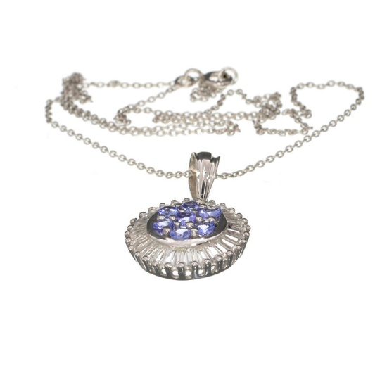 Fine Jewelry 1.28CT Round Cut Tanzanite And White Topaz Over Sterling Silver Pendant With Chain