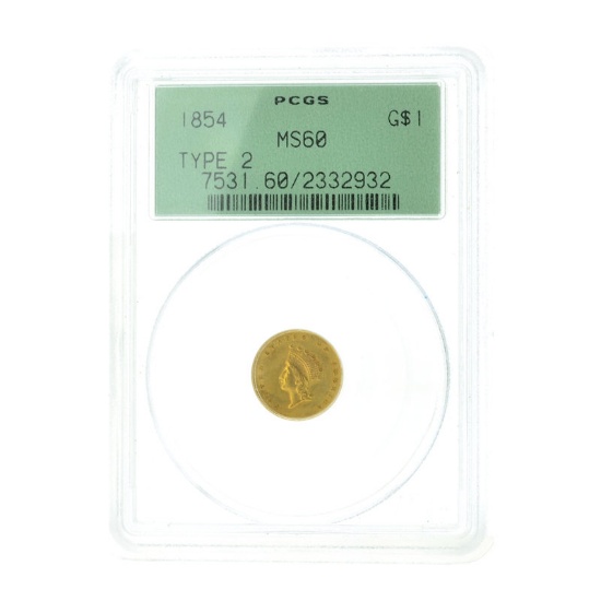 *1854 $1 U.S. PCGS MS60  Gold Dollar Coin (DF)