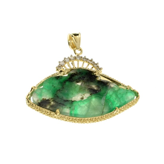 Fine Jewelry 14KT Gold, 16.69CT Rare Natural Form Green Beryl Columbian Emerald And Diamond Pendant
