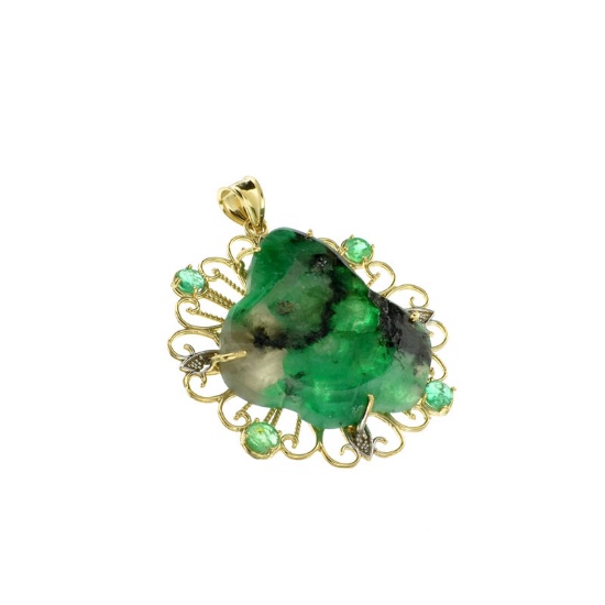 Fine Jewelry 14KT Gold, 17.80CT Rare Natural Form Green Beryl Columbian Emerald And Diamond Pendant