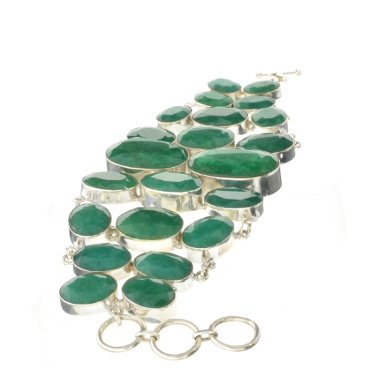 300.27CT Oval Cut Green Beryl and Sterling Silver Bracelet