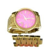 Exquiste Michael Kors Gold Tone Pink Dial Stainless Steel Runway Wrist Watch