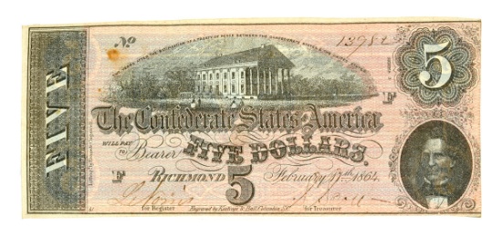 Rare 1864 $5 U.S. Confederate Note