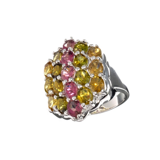4.50CT Oval Cut Multi-Colored Multi-Precious Gemstones And Platinum Over Sterling Silver Ring