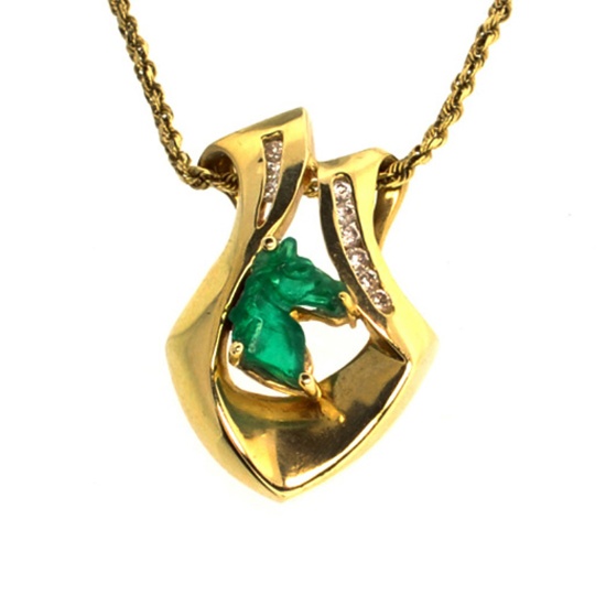 *14 kt. Gold, Horse Head - Diamond and Emerald Necklace