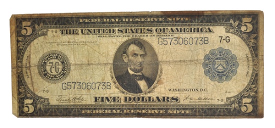 1914 $5 U.S Blue Seal Lincoln Federal Reserve Note