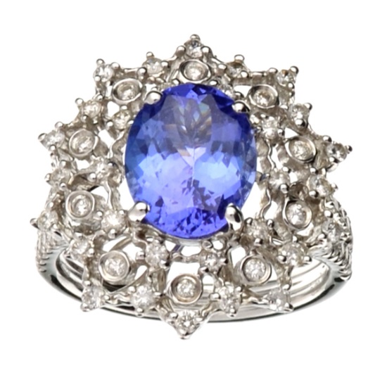 APP: 17k 18 kt. White Gold, 2.83CT Oval Cut Tanzanite and Diamond Ring