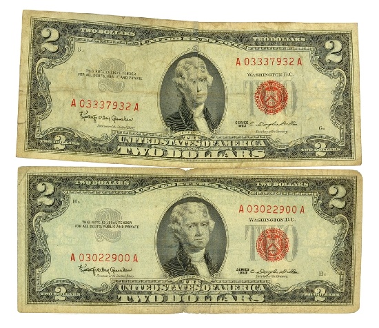 (2) 1963 $2 U.S. Red Seal Notes