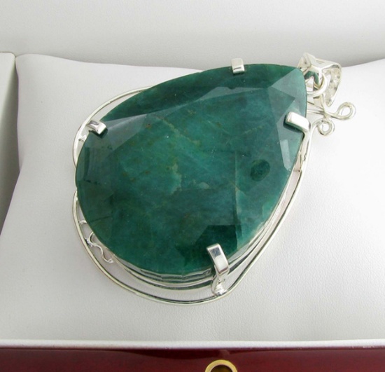 APP: 14.6k Fine Jewelry Designer Sebastian 354.86CT Pear Cut Emerald and Sterling Silver Pendant