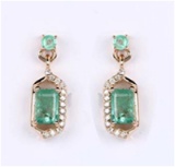 *Fine Jewelry 14K Gold, 1.96CT Zambian Emerald And White Diamond Round Earrings (Q-E4888ZEWD-14KY)