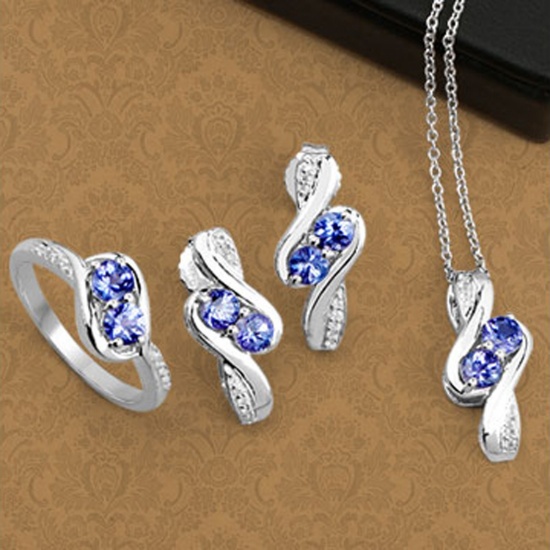 2.00CT Round Cut Tanzanite And White Topaz Sterling Silver Ring, Pendant w/ Chain & Earrings Set