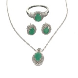 Fine Jewelry 2.23CT Emerald  / White Topaz And Sterling Silver Ring, Earrings & Pendant W Chain Set