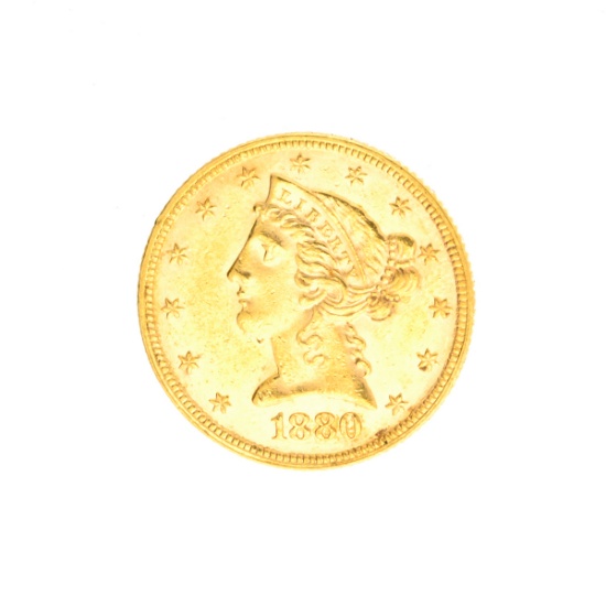 Very Rare 1880 $5 U.S. Liberty Head Gold Coin Great Investment