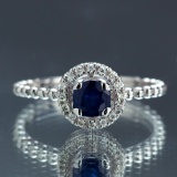 *Fine Jewelry 14 KT White Gold, 0.64CT Round Brilliant Cut Blue Sapphire And 0.16CT Diamond Ring