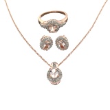 Fine Jewelry 2.23CT Morganite And  White Topaz Rose Gold Plated Ring, Earrings & Pendant W Chain Set