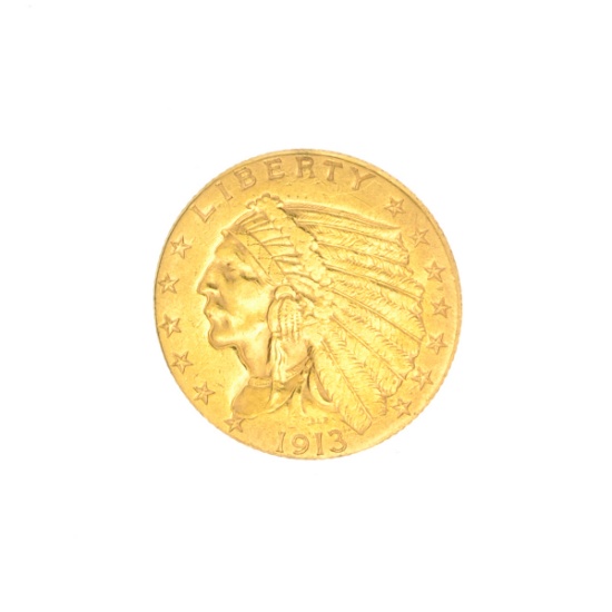 Very Rare 1913 $2.50 U.S. Indian Head Gold Coin Great Investment