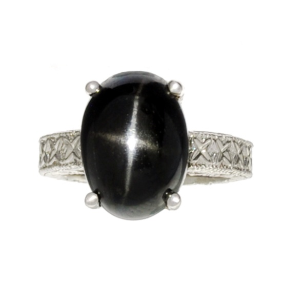Fine Jewelry Designer Sebastian 9.98CT Oval Cut Black Star Sapphire And Sterling Silver Ring