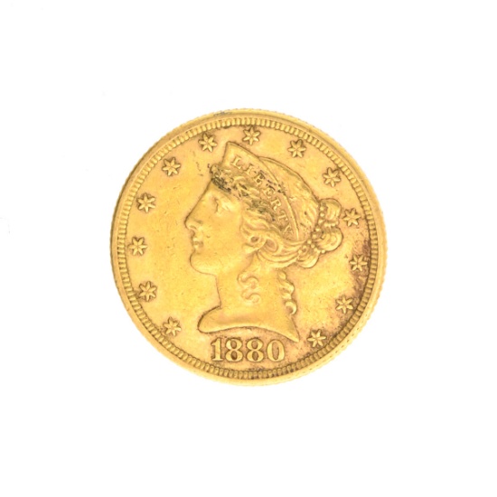 Very Rare 1880 $5 U.S. Liberty Head Gold Coin Great Investment