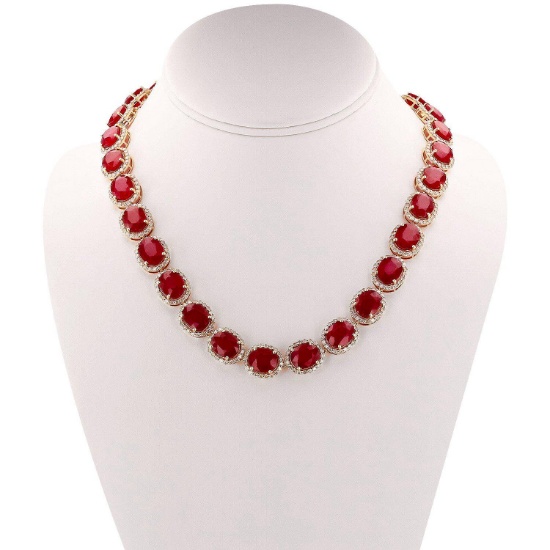 APP: 62.2k *158.37ctw Ruby and 12.64ctw Diamond 14KT Yellow Gold Necklace (Vault_R3 9849)