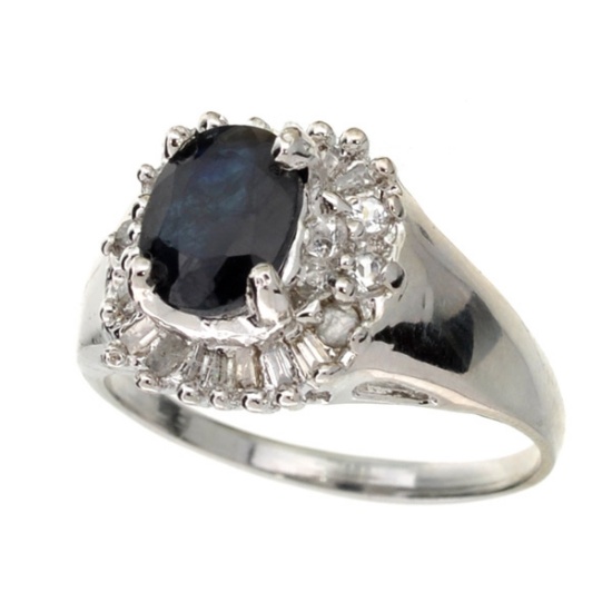1.65CT Blue Sapphire Topaz and Diamond Platinum Over Sterling Silver Ring