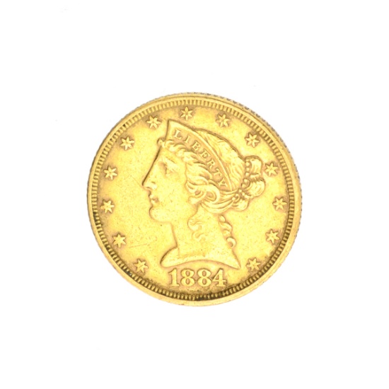 Very Rare 1884 $5 U.S. Liberty Head Gold Coin Great Investment