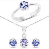 1.40CT Round Cut Tanzanite And White Topaz Sterling Silver Ring, Pendant w/ Chain & Earrings Set