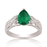 APP: 5.7k *1.48ct Emerald and 0.27ctw Diamond Platinum Ring (Vault_R6A 15040)