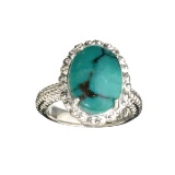 Fine Jewelry Designer Sebastian 4.68CT Oval Cut Cabochon Turquoise And Sterling Silver Ring