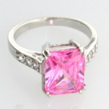 Platinum Overlay Sterling Silver French Pink Cubic Zirconium Ring