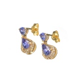 14 KT Gold 1.37CT Pear Cut Tanzanite and 0.09CT Round Brilliant Diamond Earrings W Standard Backs