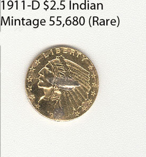 1911-D $ 2.5 Indian Mintage 55,680 Rare Coin