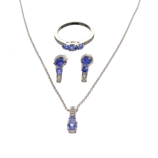 Fine Jewelry 3.15CT Tanzanite And  White Topaz Sterling Silver Ring, Earrings & Pendant W Chain Set
