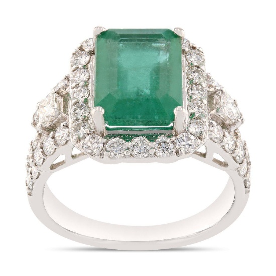 APP: 13.6k *3.28ct Emerald and 1.18ctw Diamond Platinum Ring (Vault_R6A 21959)