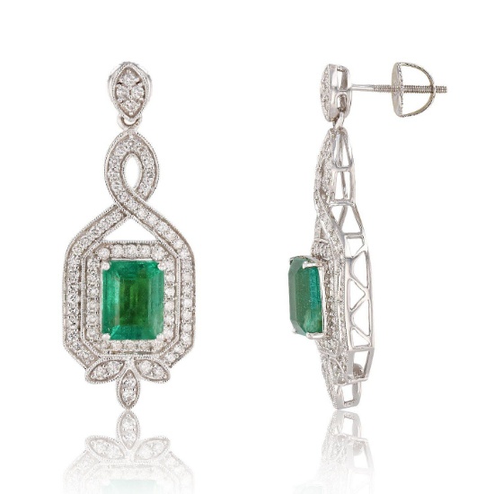 APP: 16.9k *4.28ctw Emerald and 1.48ctw Diamond 18K White Gold Dangle Earrings (Vault_R6A 14995)