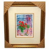 Chagall (After) 'Red Bouquet & Lovers' Framed Giclee-Ltd Edn