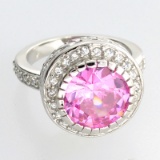 Platinum Overlay Sterling Silver French Pink Cubic Zirconium Ring