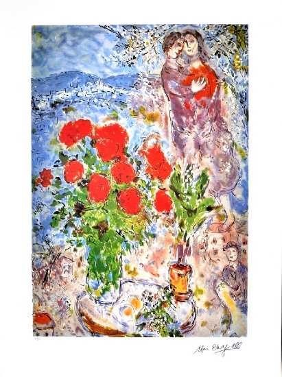 MARC CHAGALL Red Bouquet with Lovers Lithograph, I392 of 500