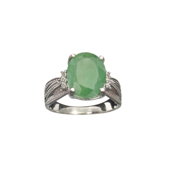 APP: 0.9k Fine Jewelry 3.65CT Green Emerald And Cubic Zirconia Sterling Silver Ring