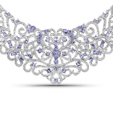 APP: 7.2k 22.86 Round Cut Tanzanite and White Diamond .925 Sterling Silver Necklace -Magnificent Qua