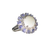 3.05CT Round Cut Cabochon Ethopian Opal, Tanzanite And White Topaz Over Sterling Silver Ring