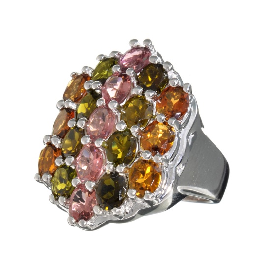 4.50CT Oval Cut Multi-Colored Multi Precious Gemstones And Platinum Over Sterling Silver Ring