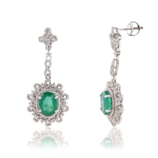 APP: 22.1k *5.10ctw Emerald and 1.68ctw Diamond 14KT White Gold Earrings (Vault_R7_23954)