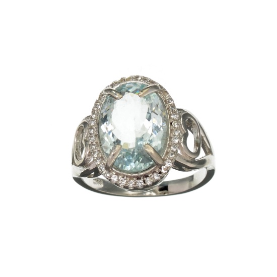 APP: 1.5k Fine Jewerly 3.65CT Oval Cut Aquamarine And White Sapphire Sterling Silver Ring