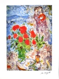 MARC CHAGALL Red Bouquet with Lovers Lithograph, I390 of 500